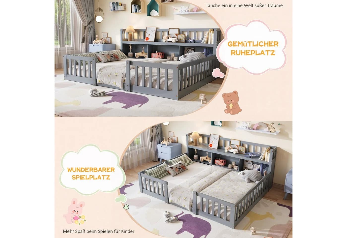 FUROKOY Kinderbett Bodenbett Grau mit Rausfallschutz und Stauraum - Bild 5