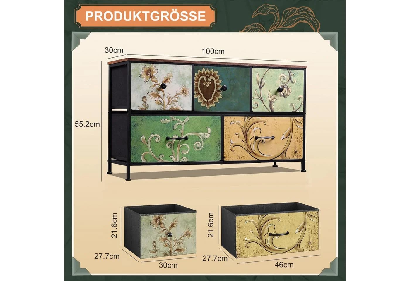 zebery Kommode Retro Blumenmuster Vliesstoff Schubladen