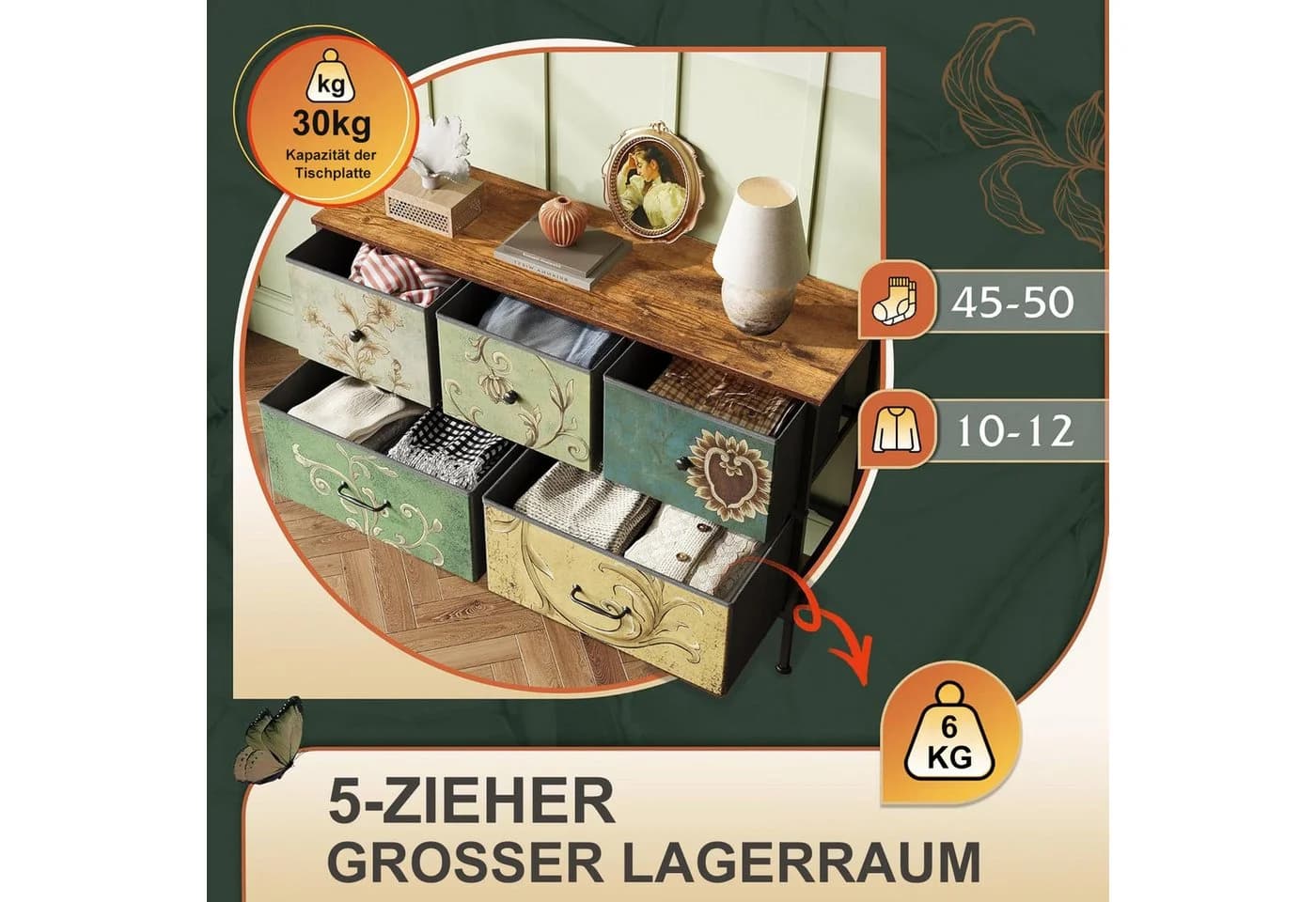 zebery Kommode Retro Blumenmuster Vliesstoff Schubladen - Bild 3