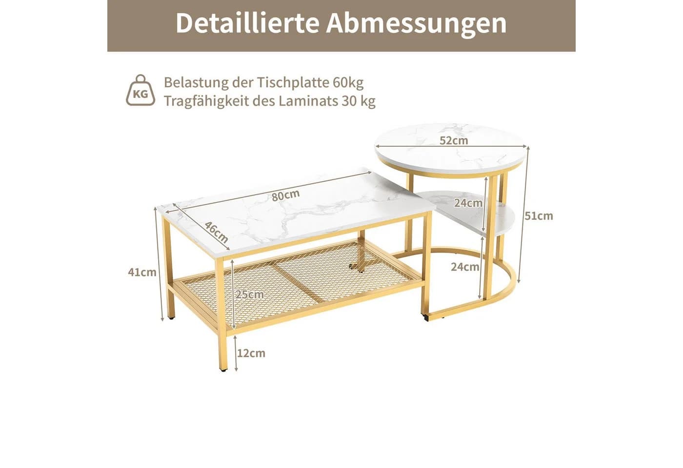 BELUPAI Couchtisch 2in1 Beistelltisch Set Marmoroptik Weiß-Gold