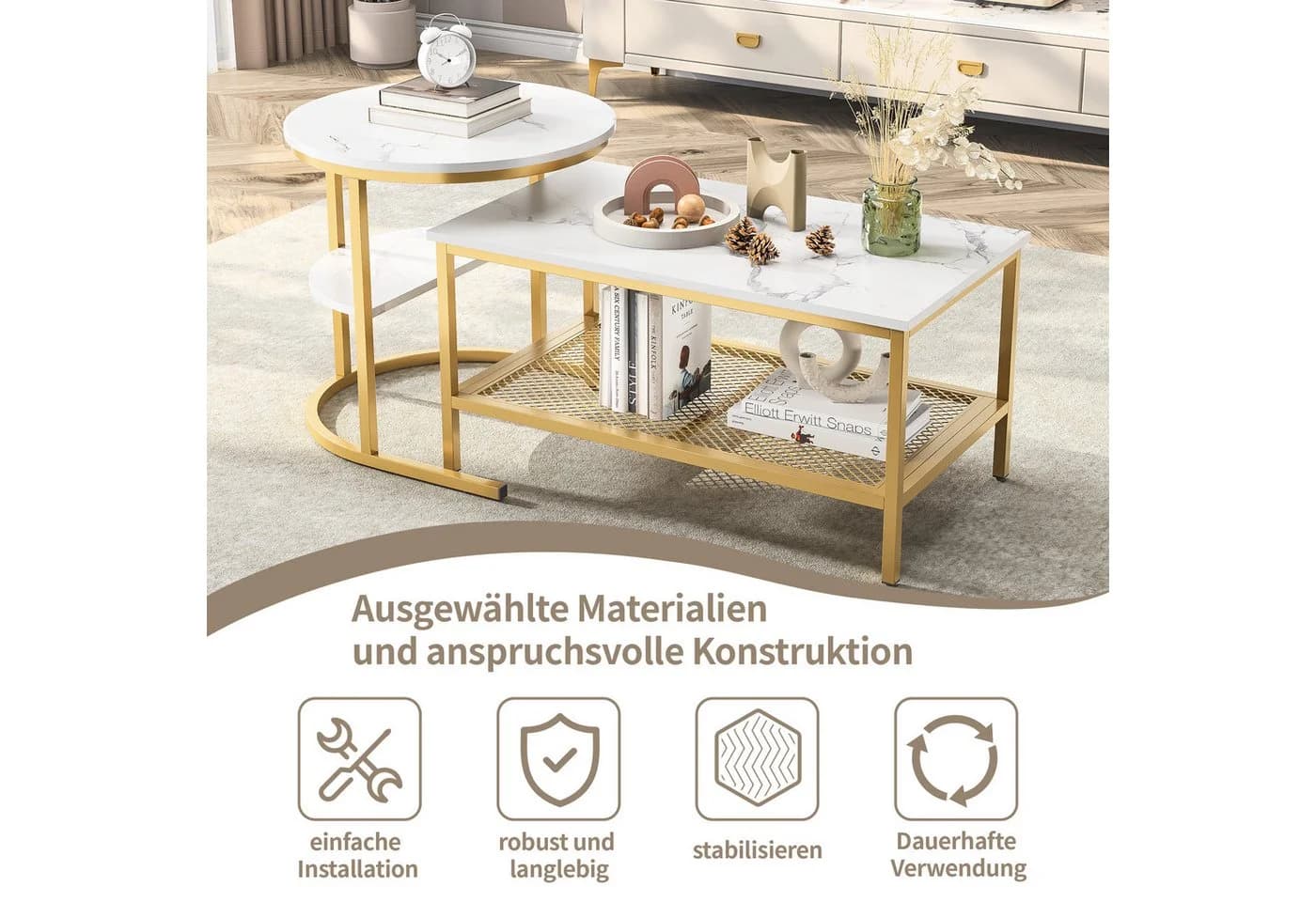 BELUPAI Couchtisch 2in1 Beistelltisch Set Marmoroptik Weiß-Gold - Bild 3