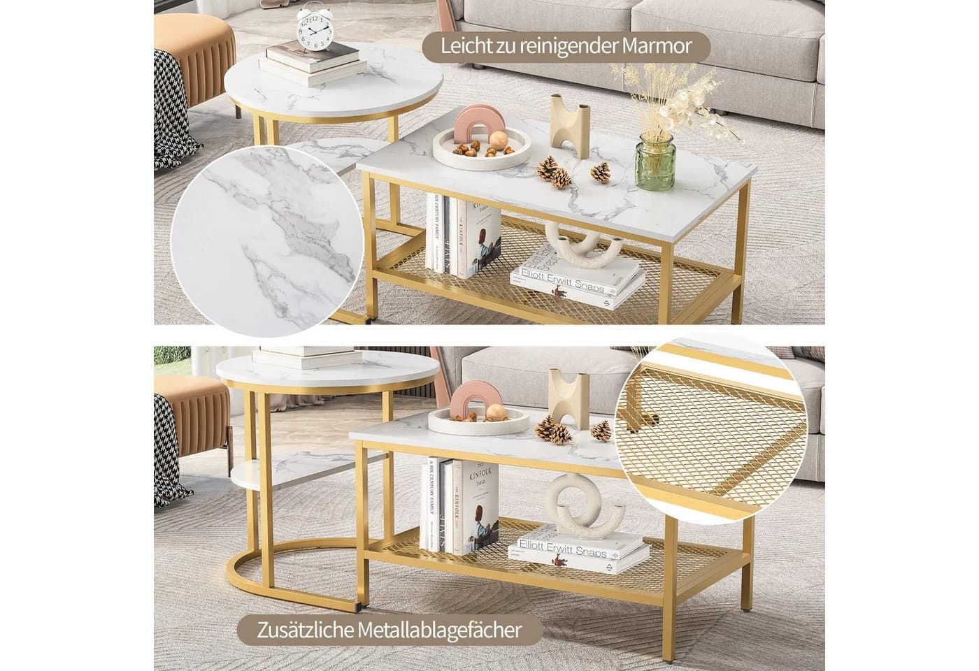 BELUPAI Couchtisch 2in1 Beistelltisch Set Marmoroptik Weiß-Gold - Bild 5