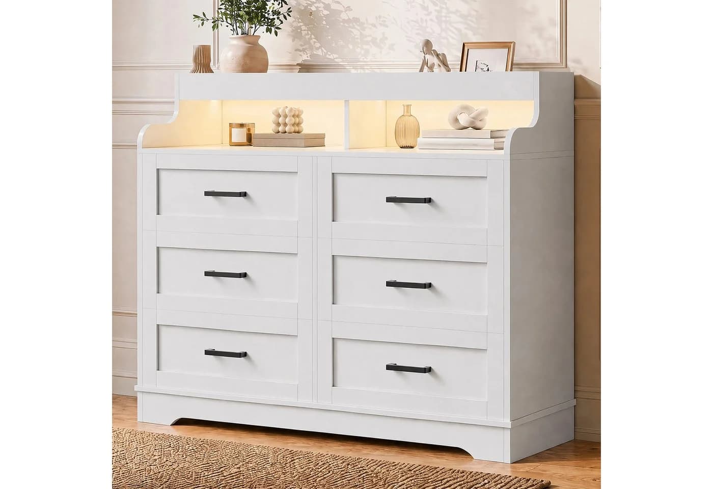 ADWOLT Sideboard LED Kommode Weiß 6 Schubladen Modern - Bild 2