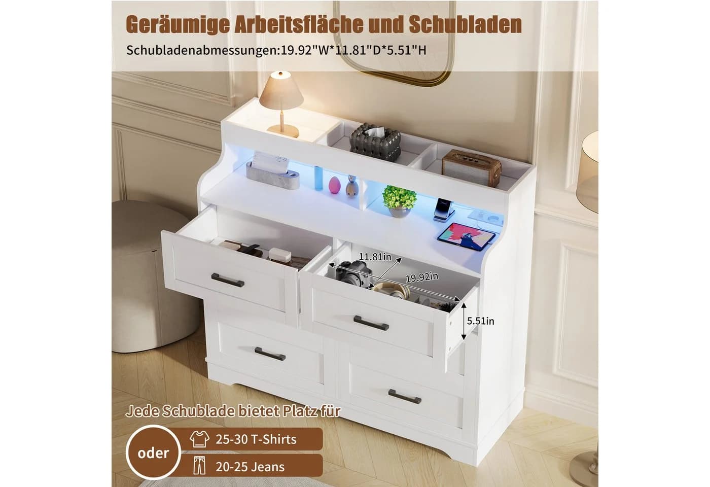 ADWOLT Sideboard LED Kommode Weiß 6 Schubladen Modern - Bild 3