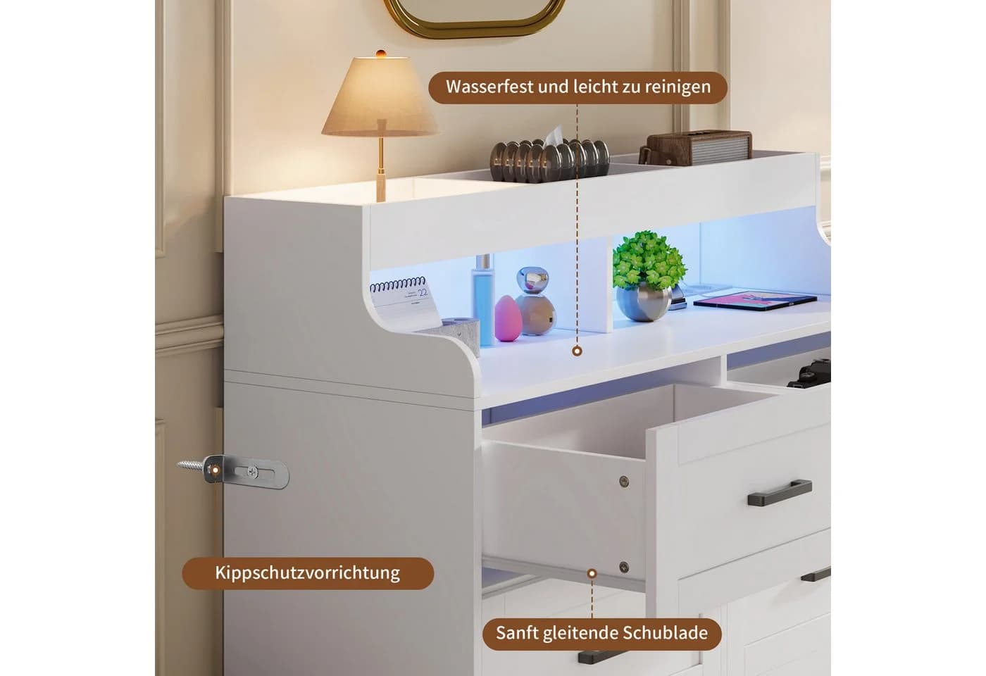 ADWOLT Sideboard LED Kommode Weiß 6 Schubladen Modern - Bild 4