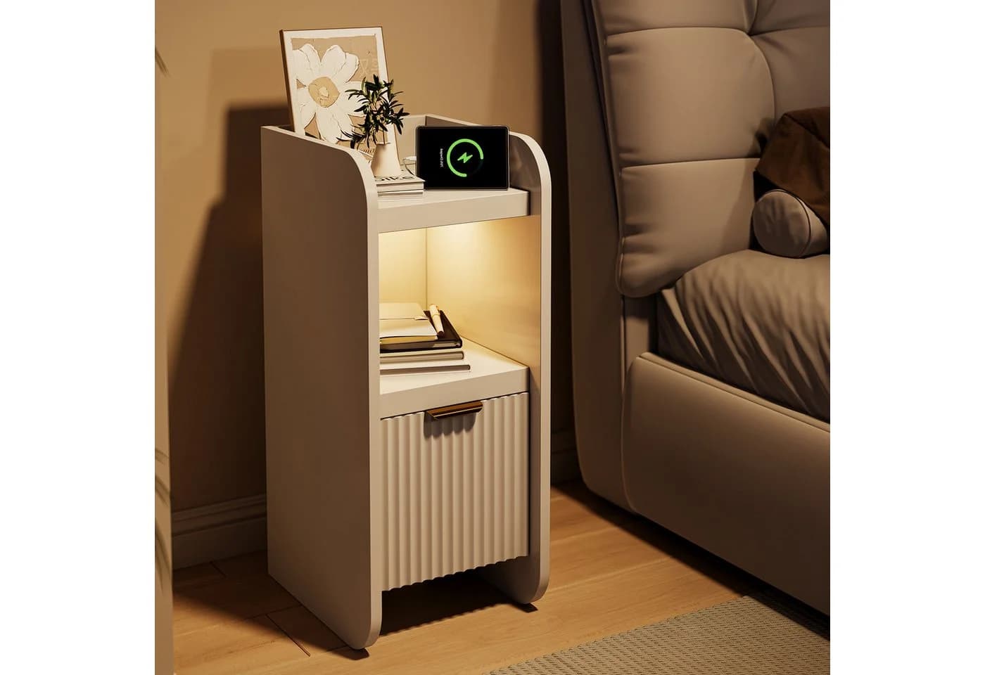 ADWOLT Nachttisch-Set 2er mit Licht & Ladefunktion Weiß - Bild 2