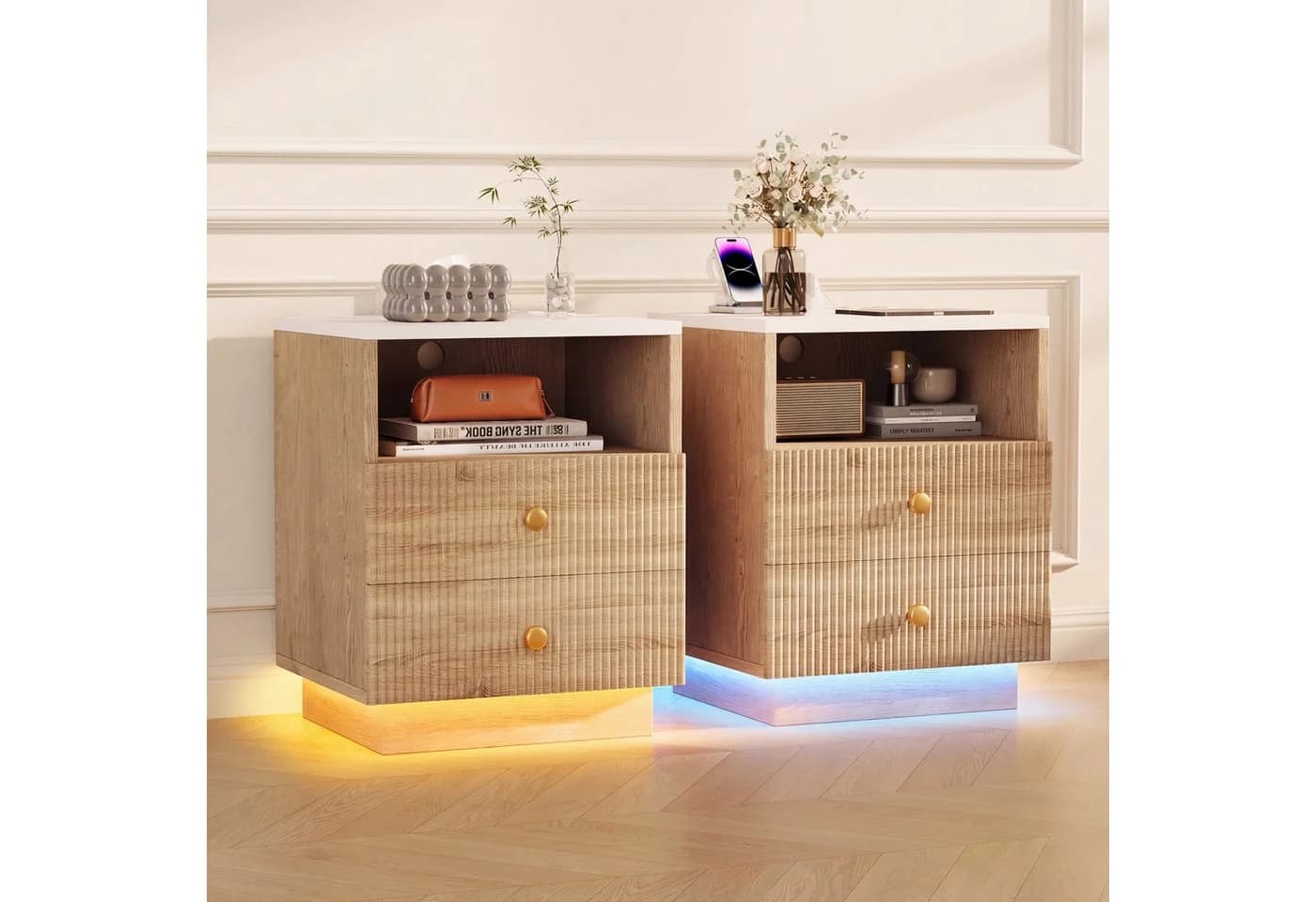 ADWOLT Nachttisch Set 2er mit Schubladen, Ladestation & LED - Bild 2