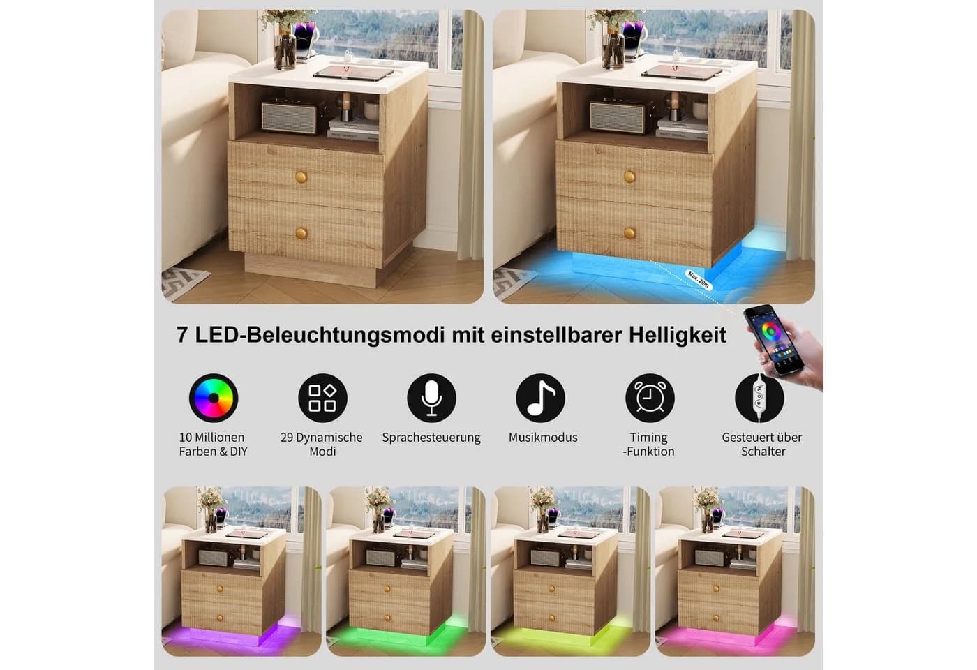 ADWOLT Nachttisch Set 2er mit Schubladen, Ladestation & LED - Bild 4