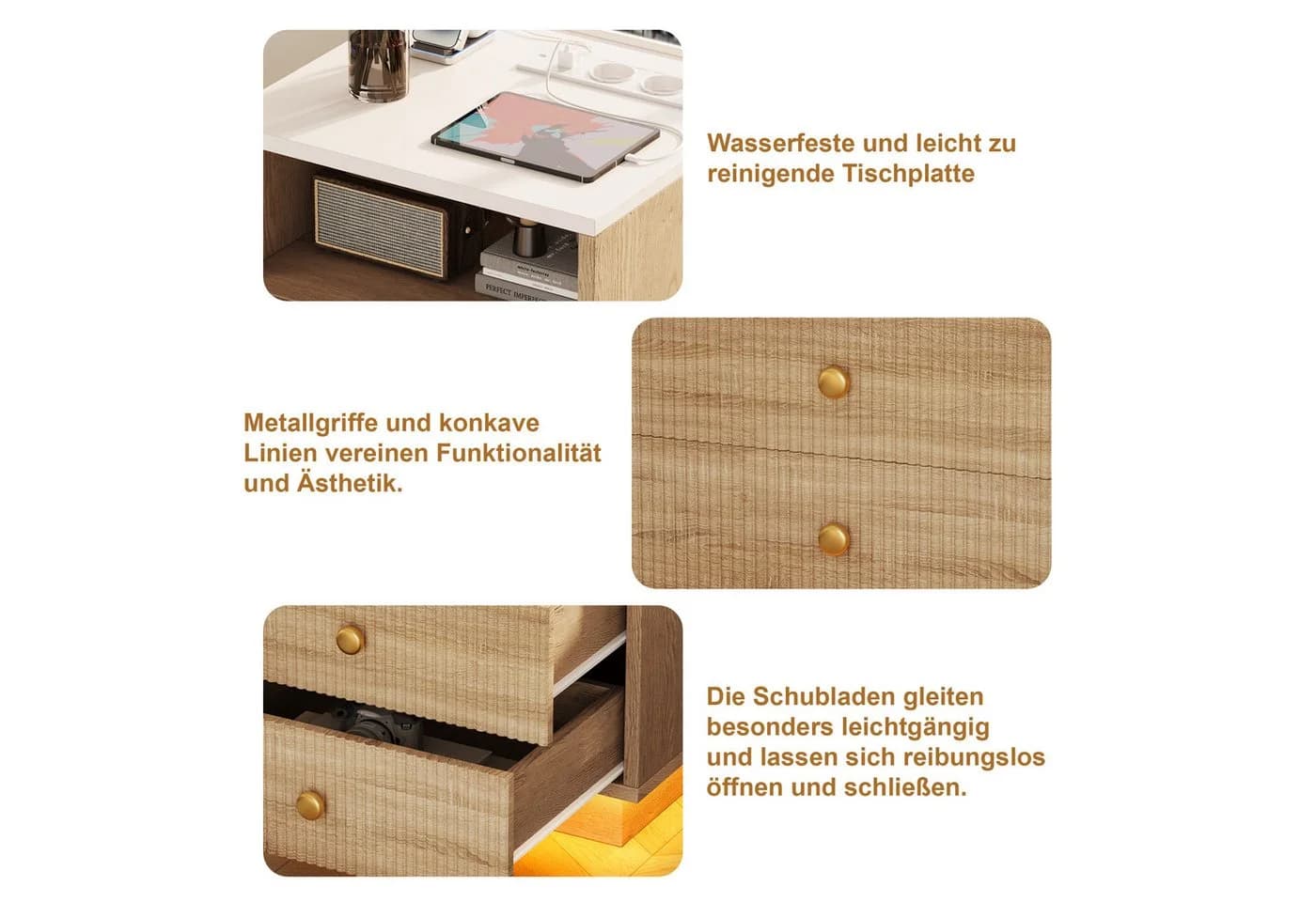 ADWOLT Nachttisch Set 2er mit Schubladen, Ladestation & LED - Bild 5