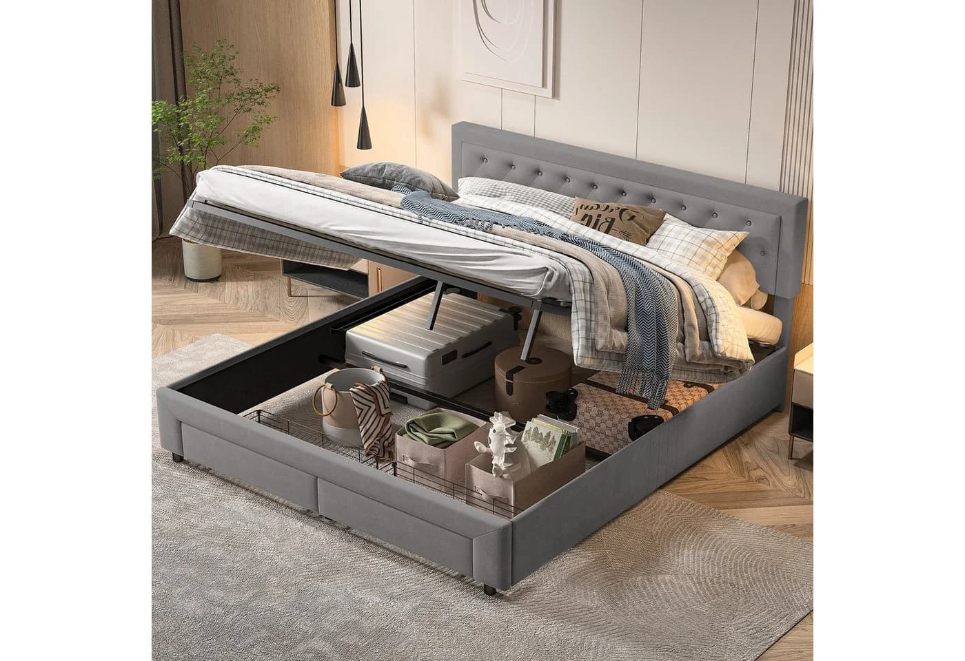 zebery Polsterbett 160x200 Grau Samt mit Stauraum - Bild 2