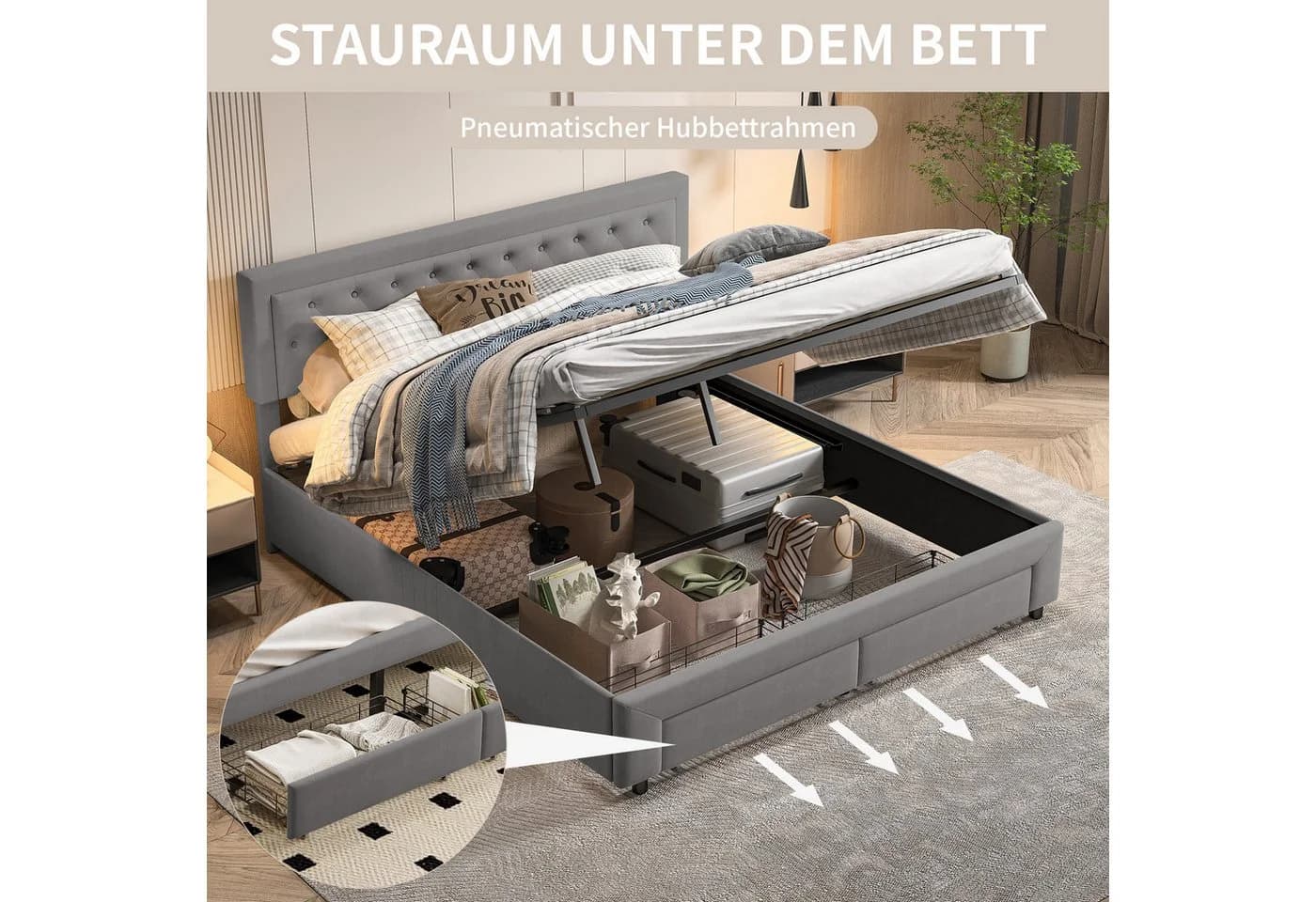 zebery Polsterbett 160x200 Grau Samt mit Stauraum - Bild 3