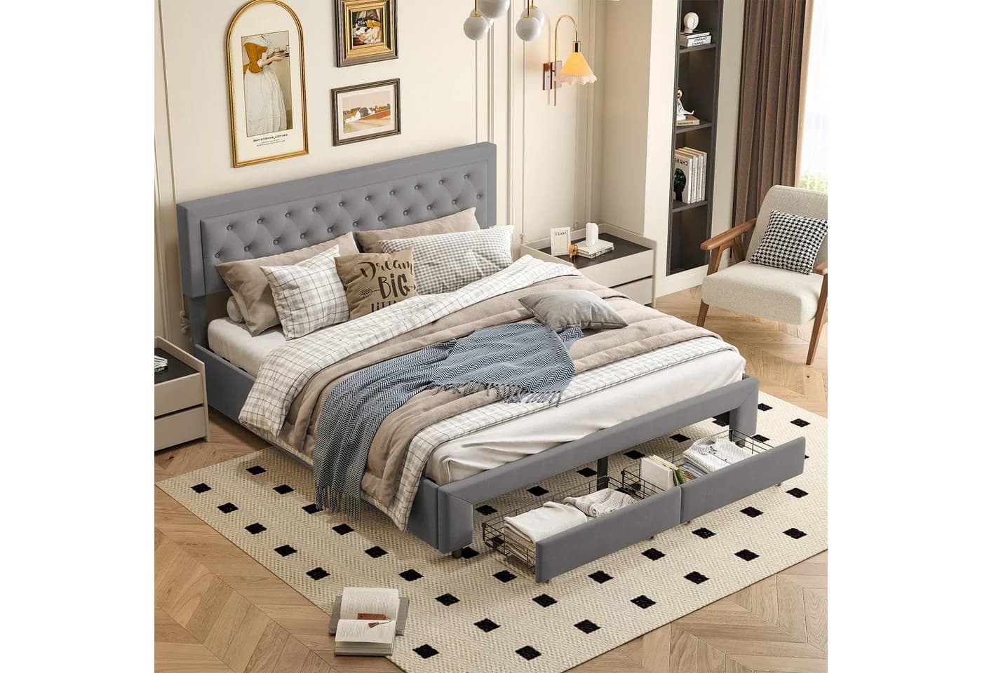 zebery Polsterbett 160x200 Grau Samt mit Stauraum - Bild 4