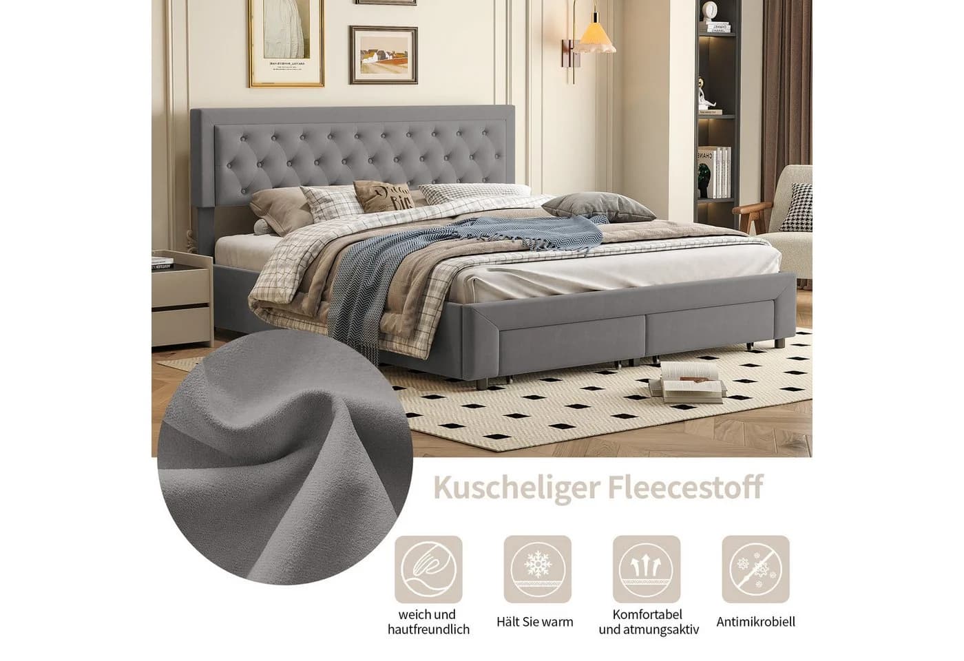 zebery Polsterbett 160x200 Grau Samt mit Stauraum - Bild 5