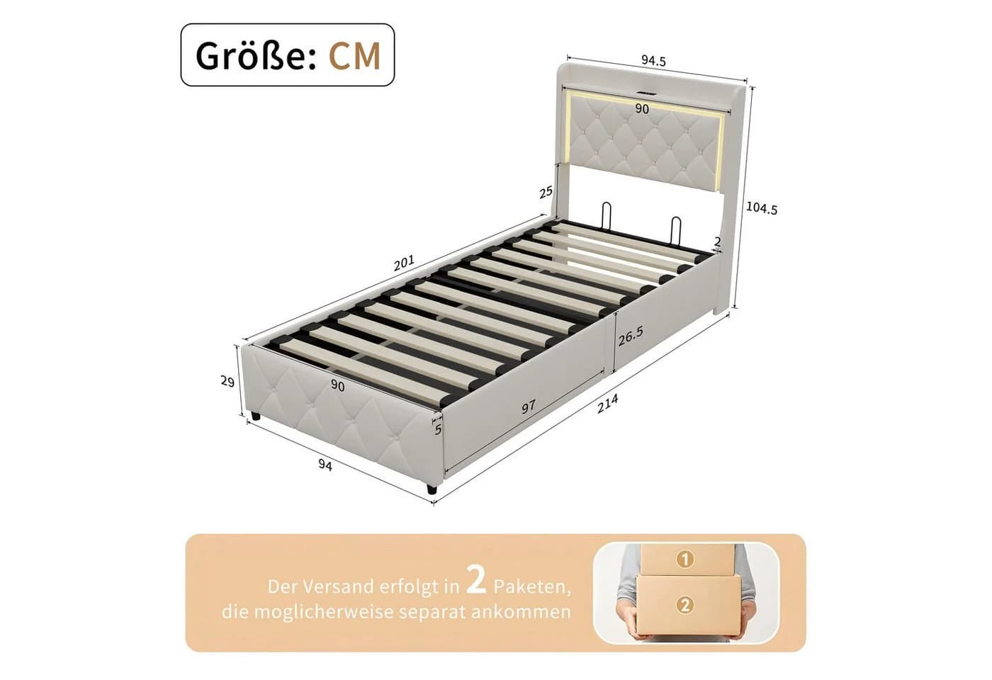 zebery Polsterbett mit LED & Hydraulik Beige Samt Set