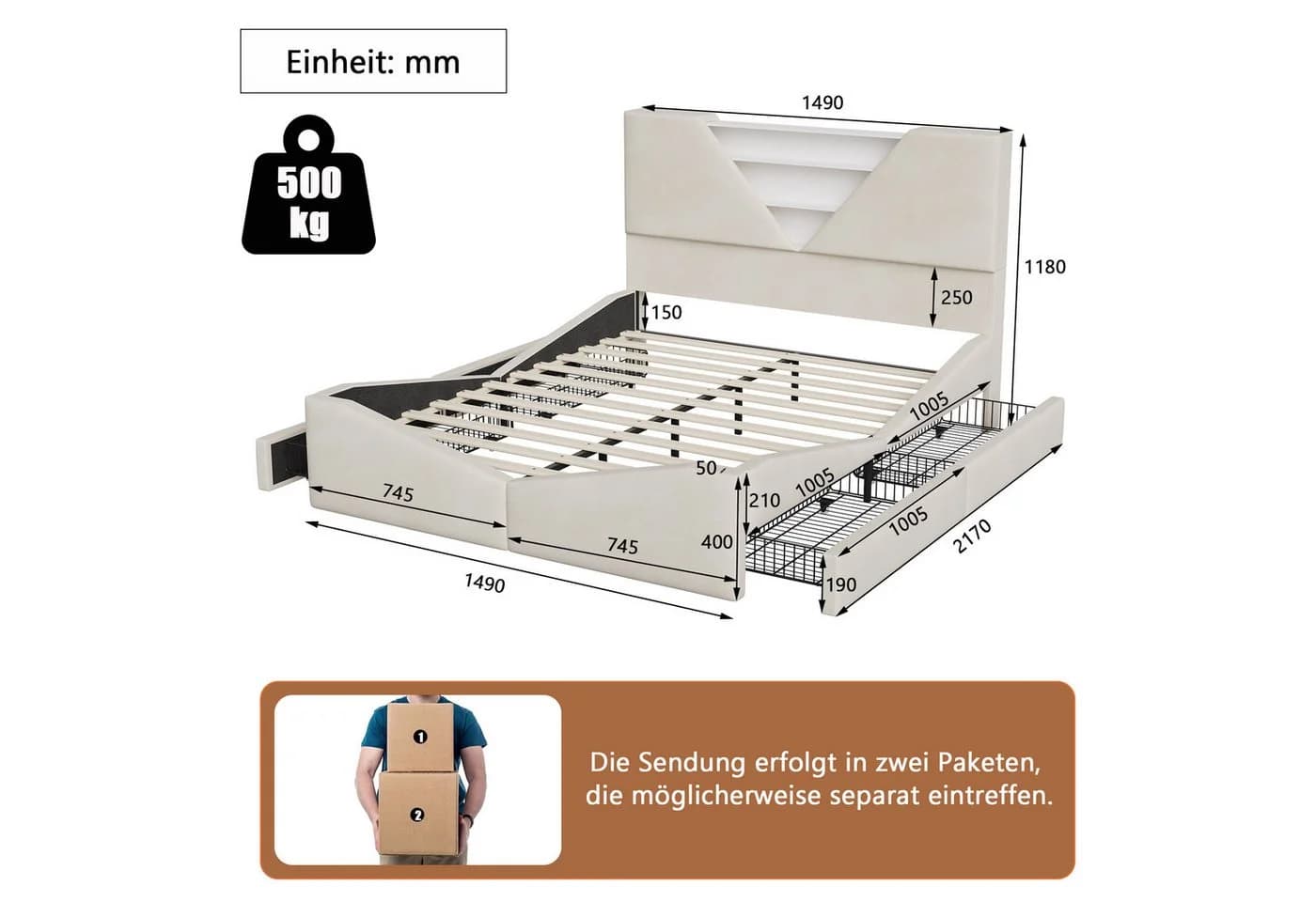 zebery Polsterbett mit Stauraum und LED-Beleuchtung Samt Beige
