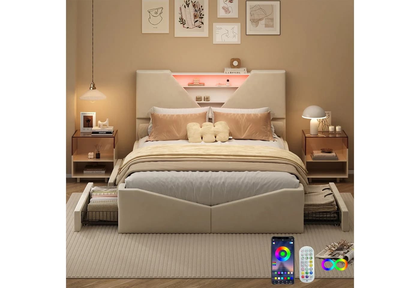 zebery Polsterbett mit Stauraum und LED-Beleuchtung Samt Beige - Bild 2