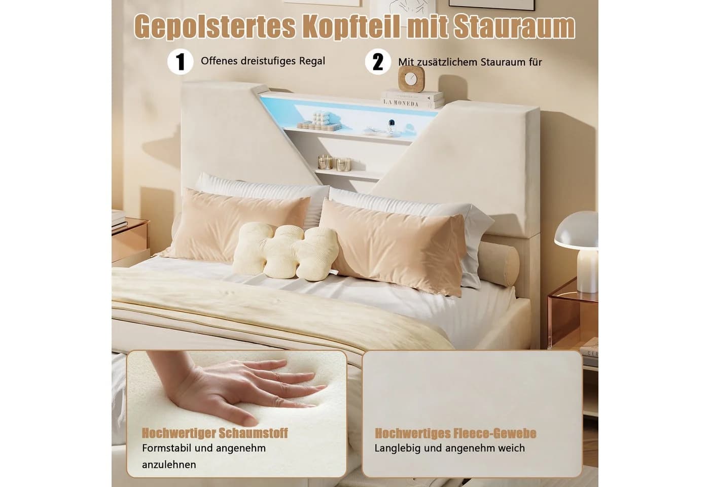 zebery Polsterbett mit Stauraum und LED-Beleuchtung Samt Beige - Bild 4