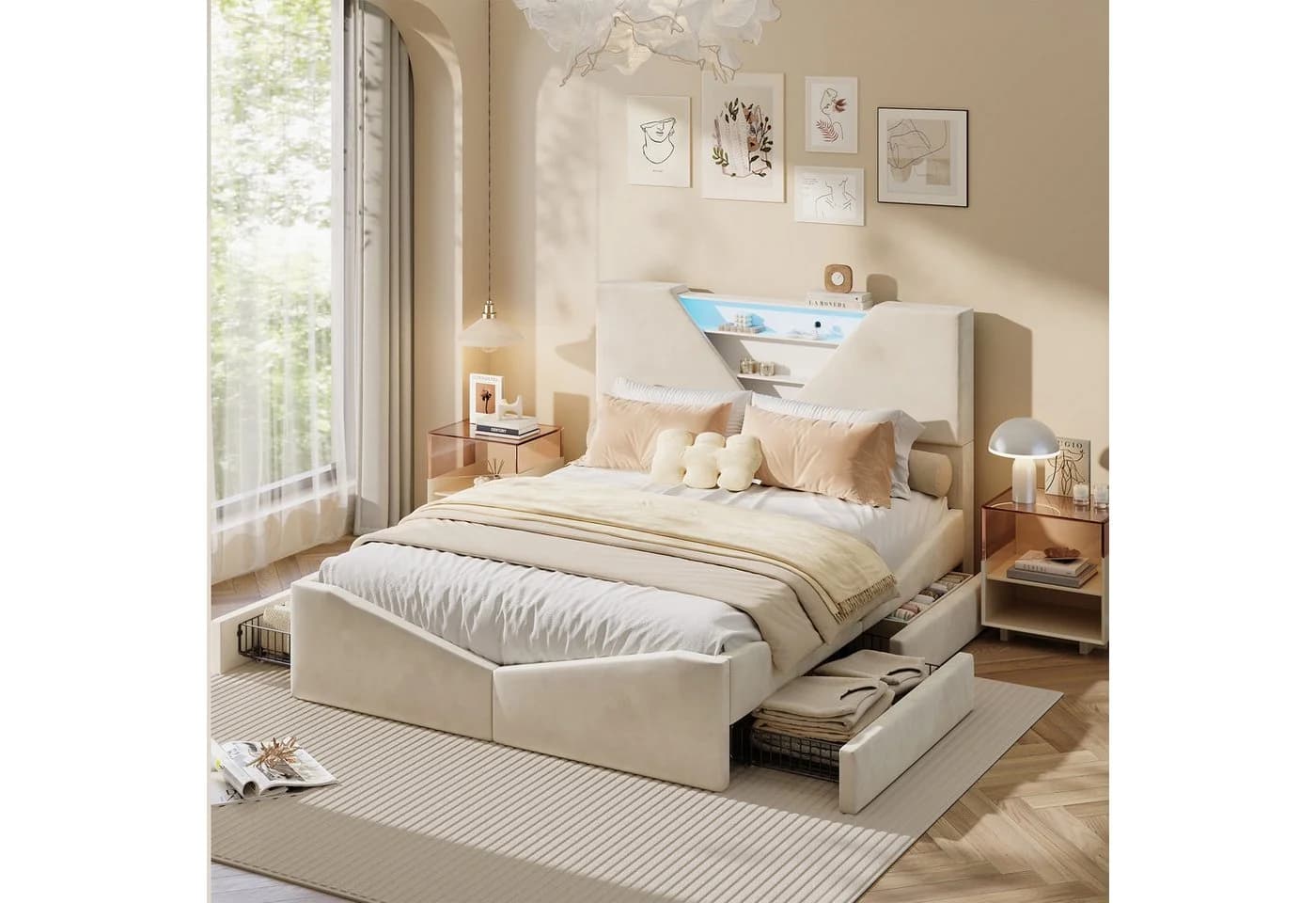 zebery Polsterbett mit Stauraum und LED-Beleuchtung Samt Beige - Bild 5
