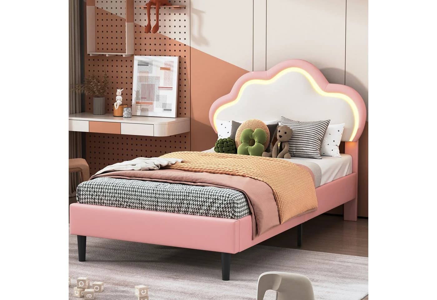 zebery Polsterbett 90x200 mit LED Licht Wolken-Kopfteil Weiß-Rosa - Bild 2