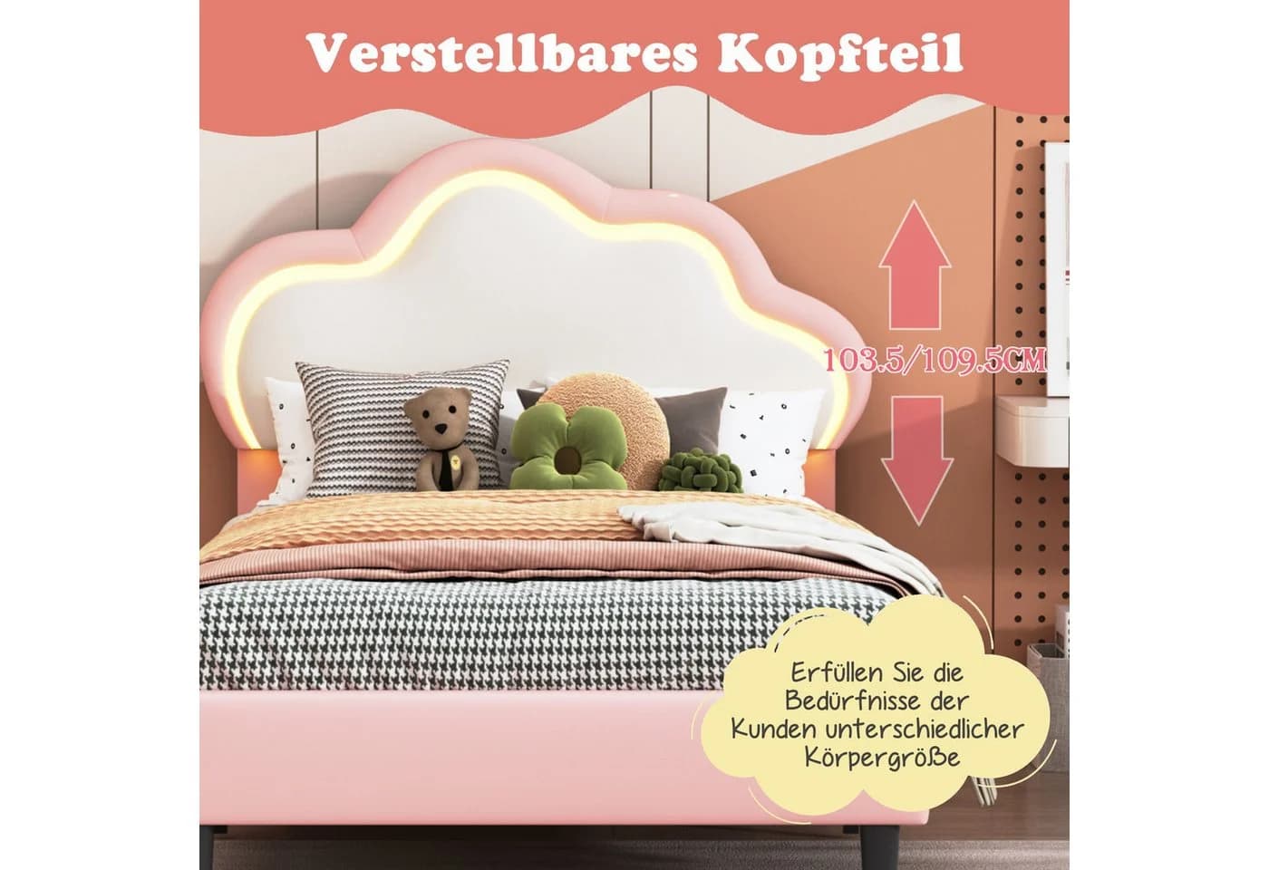 zebery Polsterbett 90x200 mit LED Licht Wolken-Kopfteil Weiß-Rosa - Bild 4
