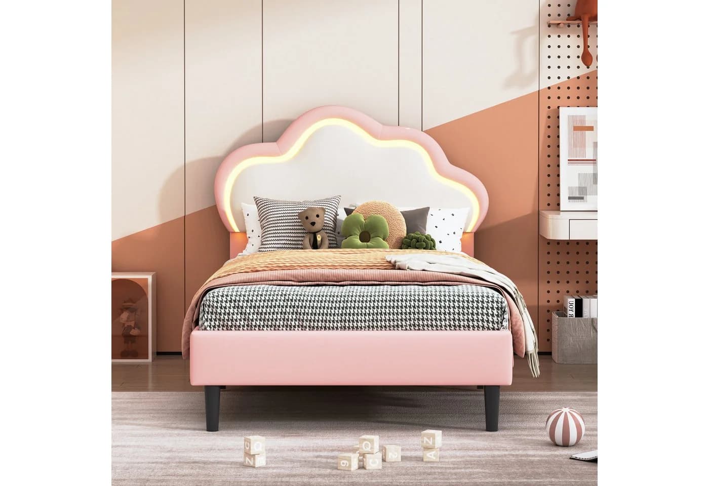 zebery Polsterbett 90x200 mit LED Licht Wolken-Kopfteil Weiß-Rosa - Bild 5