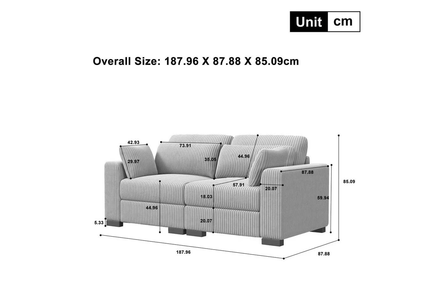 BELUPAI Ecksofa Grau Cord mit ergonomischer Rückenlehne
