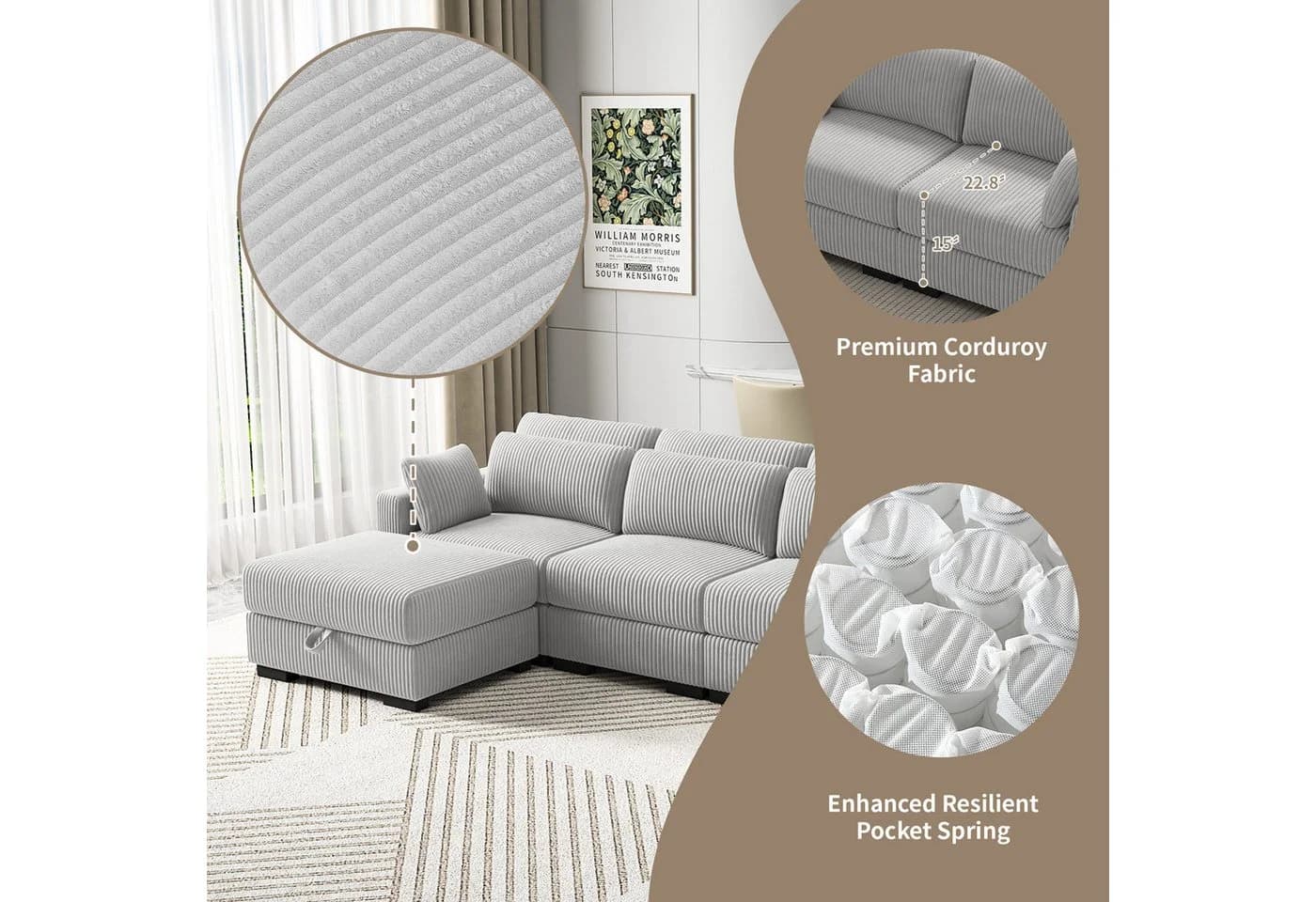 BELUPAI Ecksofa Grau Cord mit ergonomischer Rückenlehne - Bild 3