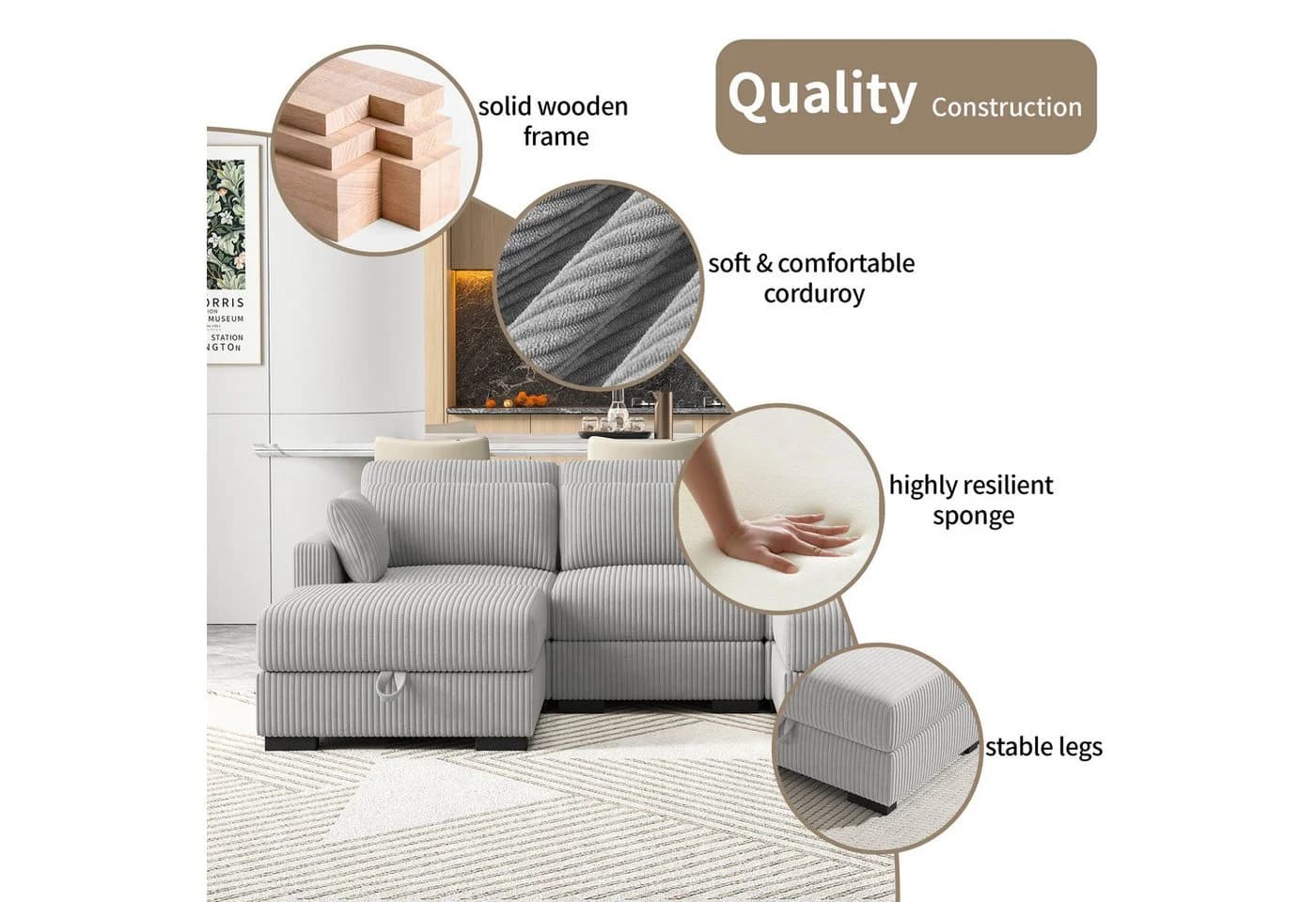 BELUPAI Ecksofa Grau Cord mit ergonomischer Rückenlehne - Bild 4