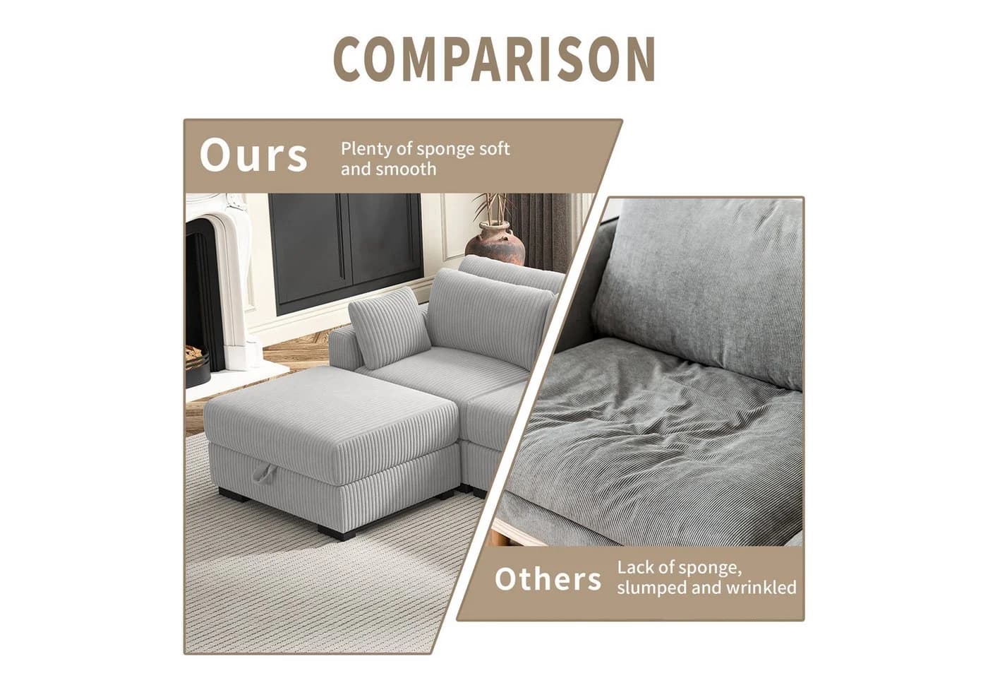 BELUPAI Ecksofa Grau Cord mit ergonomischer Rückenlehne - Bild 5