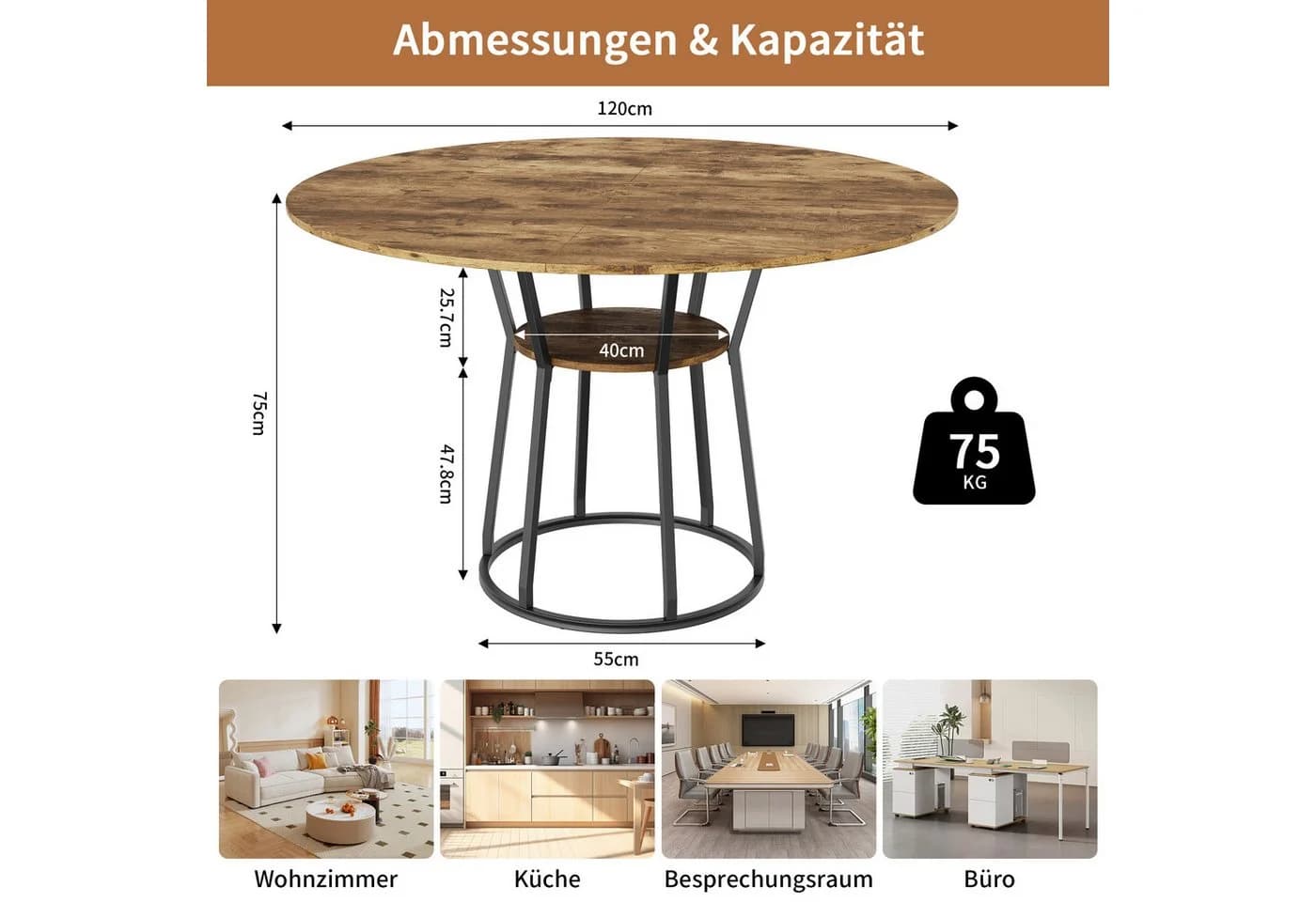 BELUPAI Runder Esstisch Braun Metallgestell 120 cm