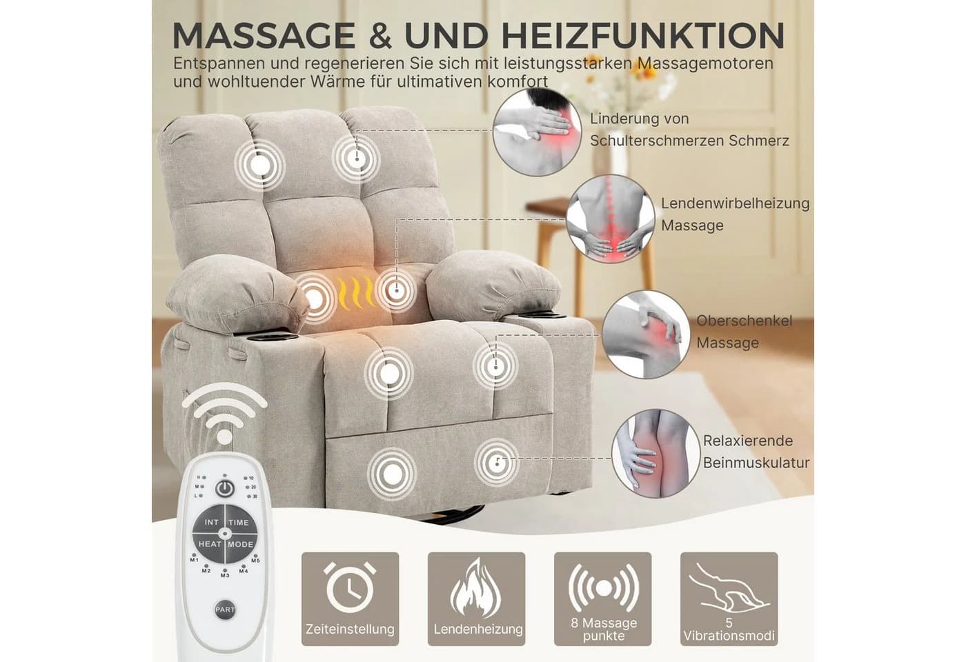 BRTHORY Relaxsessel Massagesessel 8-Punkt-Vibration Beige - Bild 4