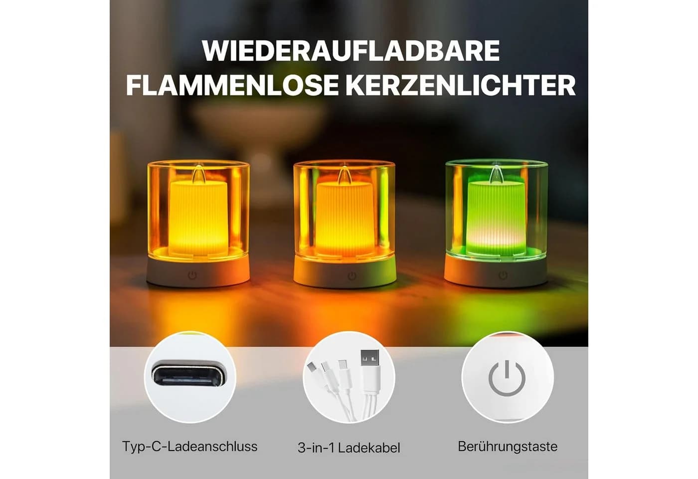 LA CUTE LED-Teelichter Set 3-tlg. Wiederaufladbar Grün/Gelb/Orange