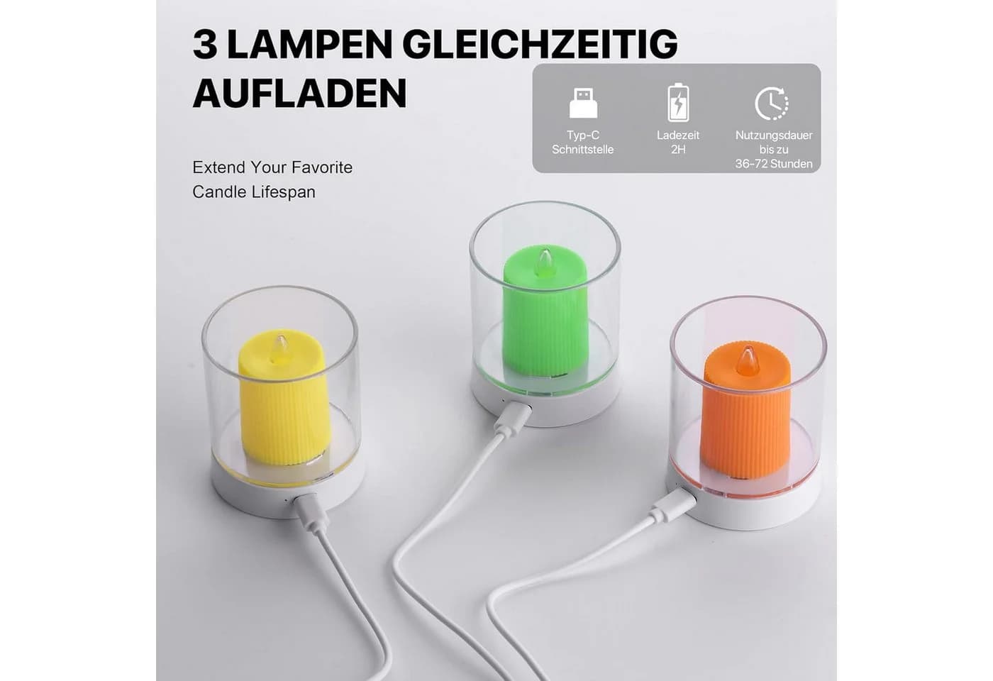 LA CUTE LED-Teelichter Set 3-tlg. Wiederaufladbar Grün/Gelb/Orange - Bild 3