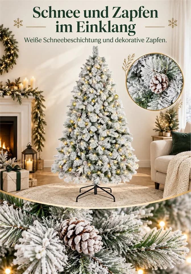 Vankel Künstlicher Weihnachtsbaum mit Schnee, Beleuchtung und Zapfen - Bild 3