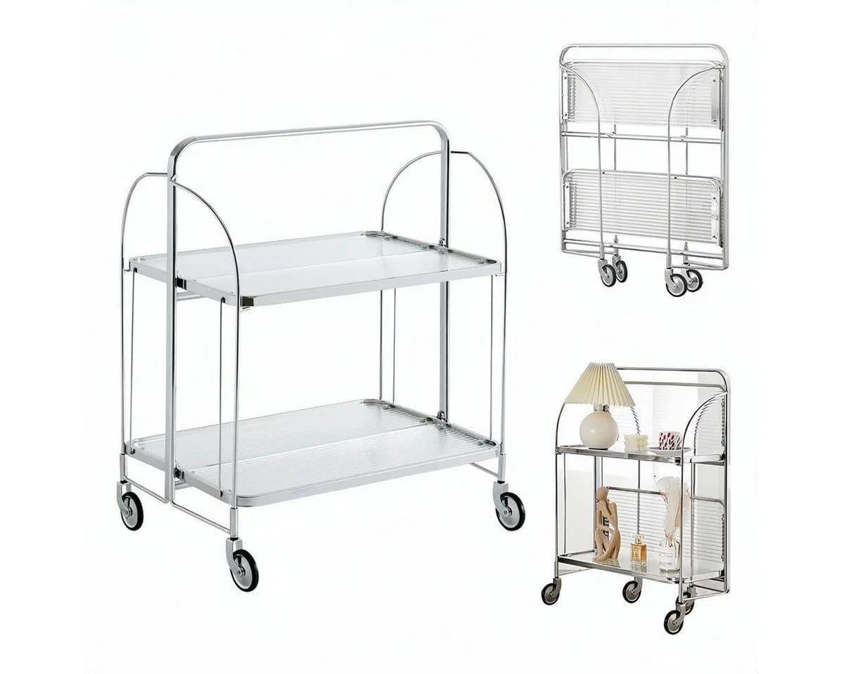 PFCTART Beistellwagen Mobile Storage Folding Trolley, Servierwagen, zusammenklappbar, 2 Ebenen gehärtetes Glas - Bild 2
