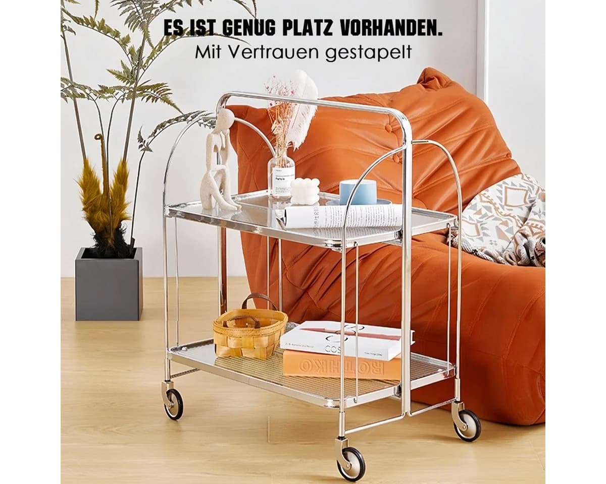 PFCTART Beistellwagen Mobile Storage Folding Trolley, Servierwagen, zusammenklappbar, 2 Ebenen gehärtetes Glas - Bild 3