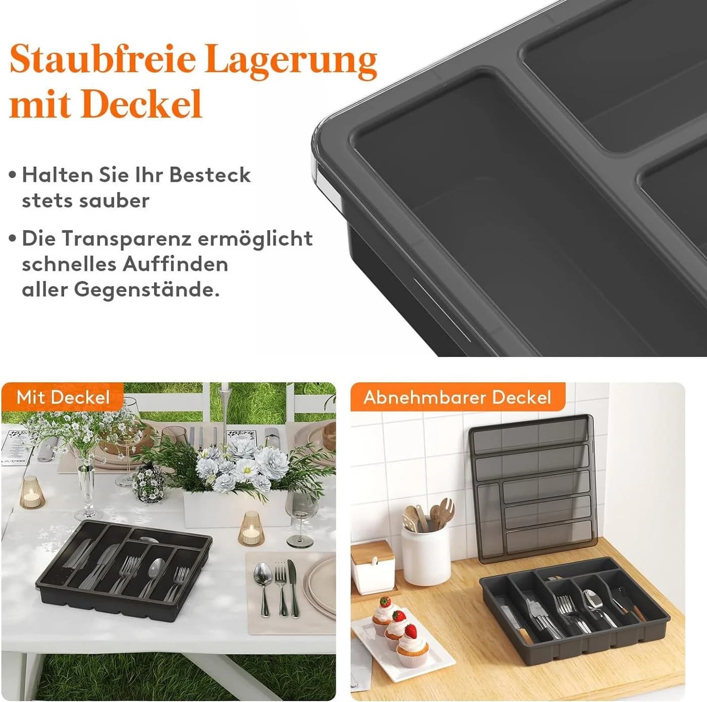 PFCTART Besteckkasten Schwarz 6 Fächer mit Deckel