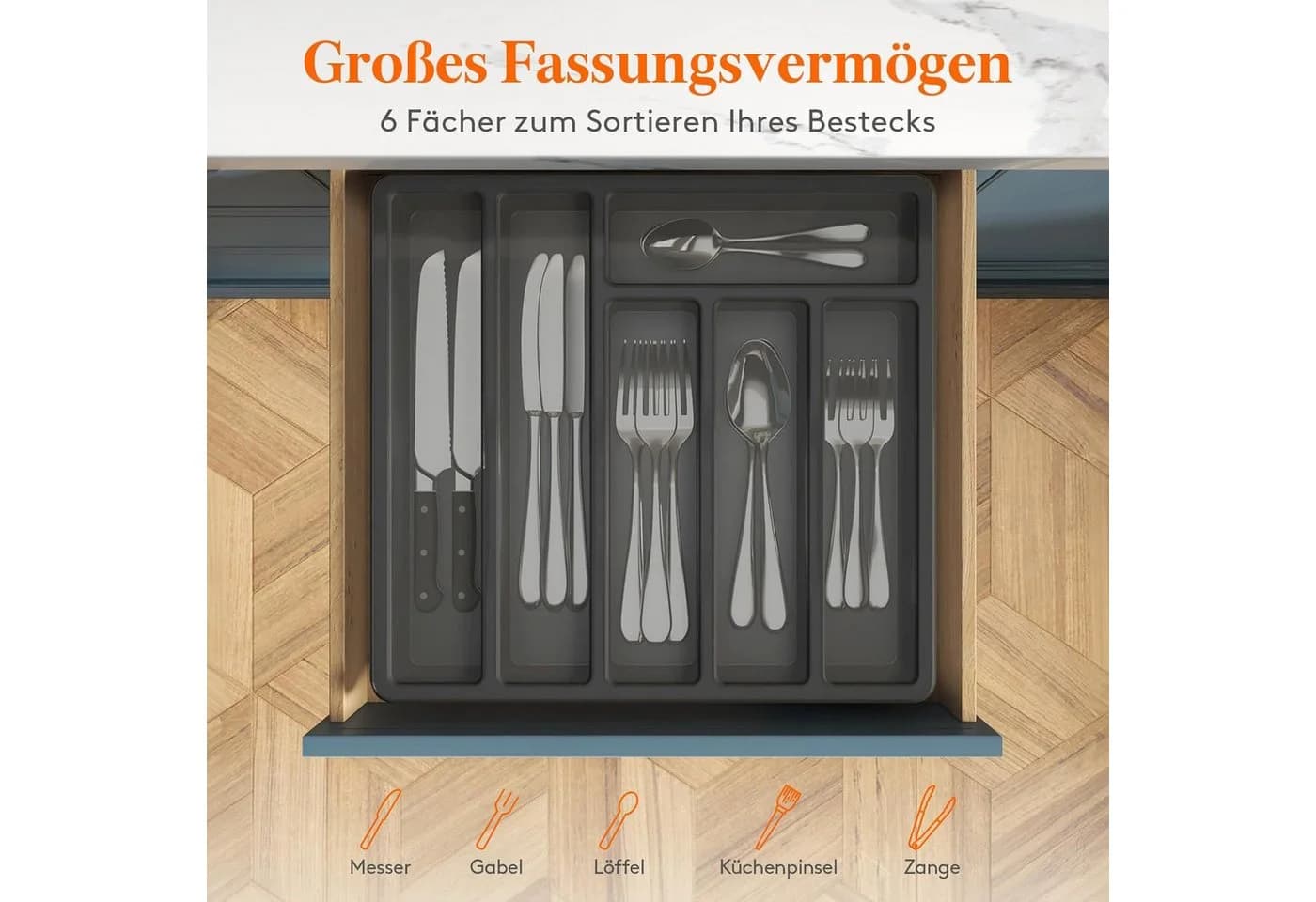 PFCTART Besteckkasten Schwarz 6 Fächer mit Deckel - Bild 3
