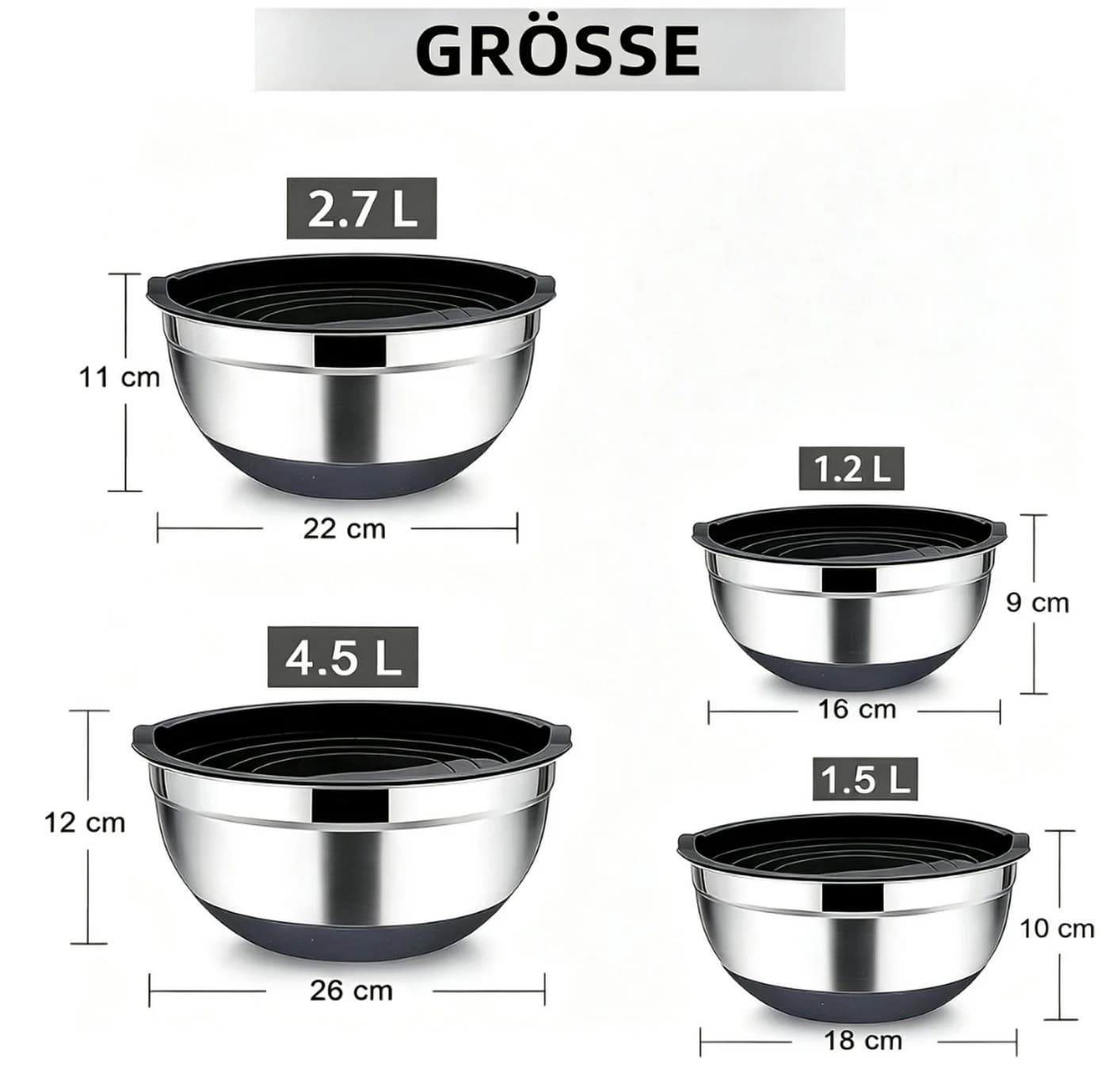 GLIESE POWER Rührschüssel-Set 4-teilig Edelstahl 16-26 cm stapelbar - Bild 3