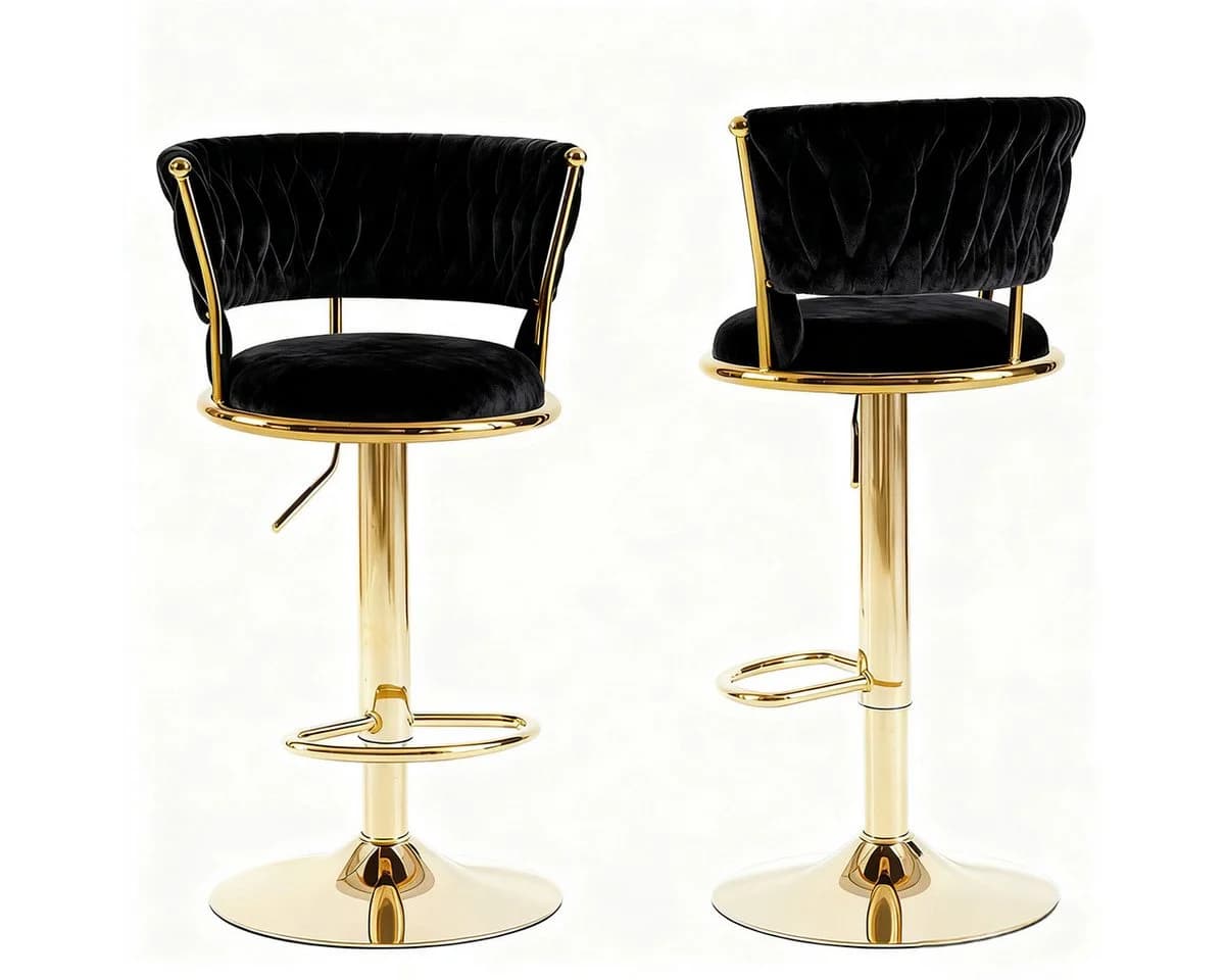 PFCTART Barhocker 2er Set Samt höhenverstellbar 360° drehbar Schwarz/Gold - Bild 2