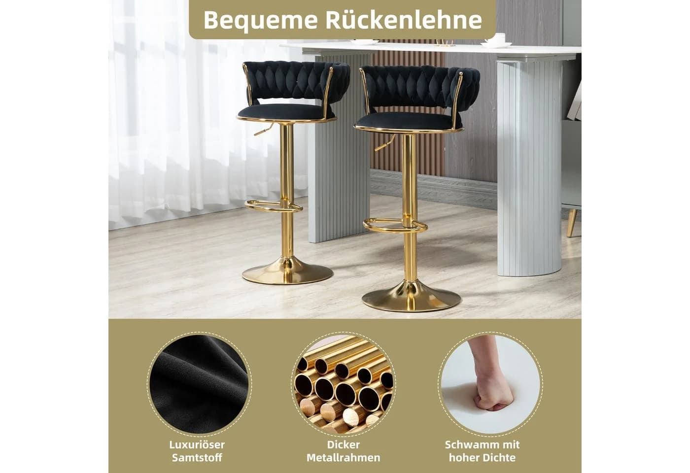 PFCTART Barhocker 2er Set Samt höhenverstellbar 360° drehbar Schwarz/Gold - Bild 5