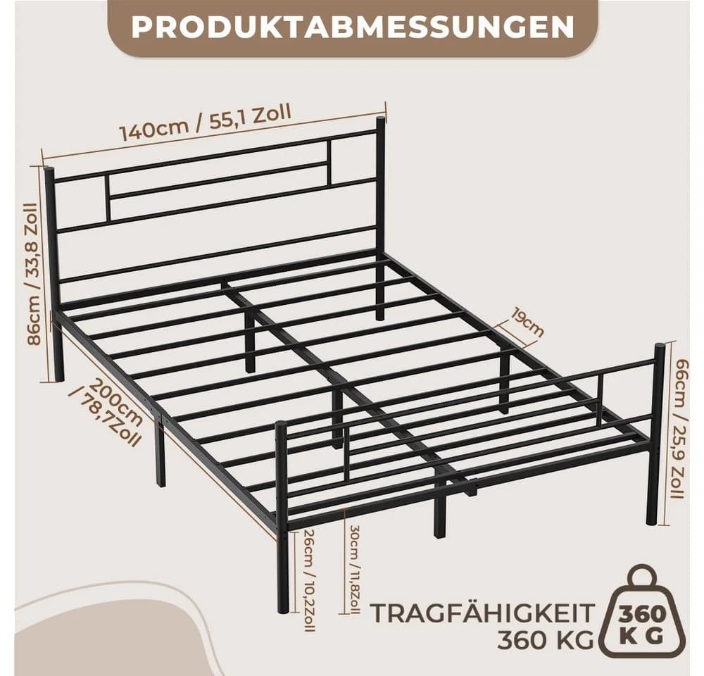PFCTART Metallbett 140x200 Schwarz mit Matratze H4 Industrial
