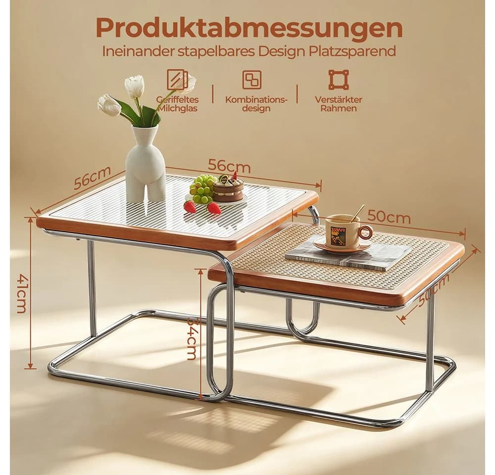 PFCTART 2er Couchtisch Set Glas Rattan Nesting Design