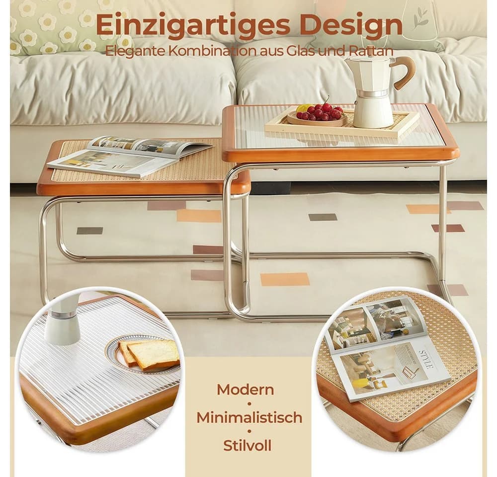 PFCTART 2er Couchtisch Set Glas Rattan Nesting Design - Bild 3