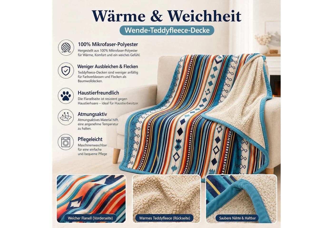 PFCTART Wohndecke Kuscheldecke Aztekenmuster Mikrofaser - Bild 3