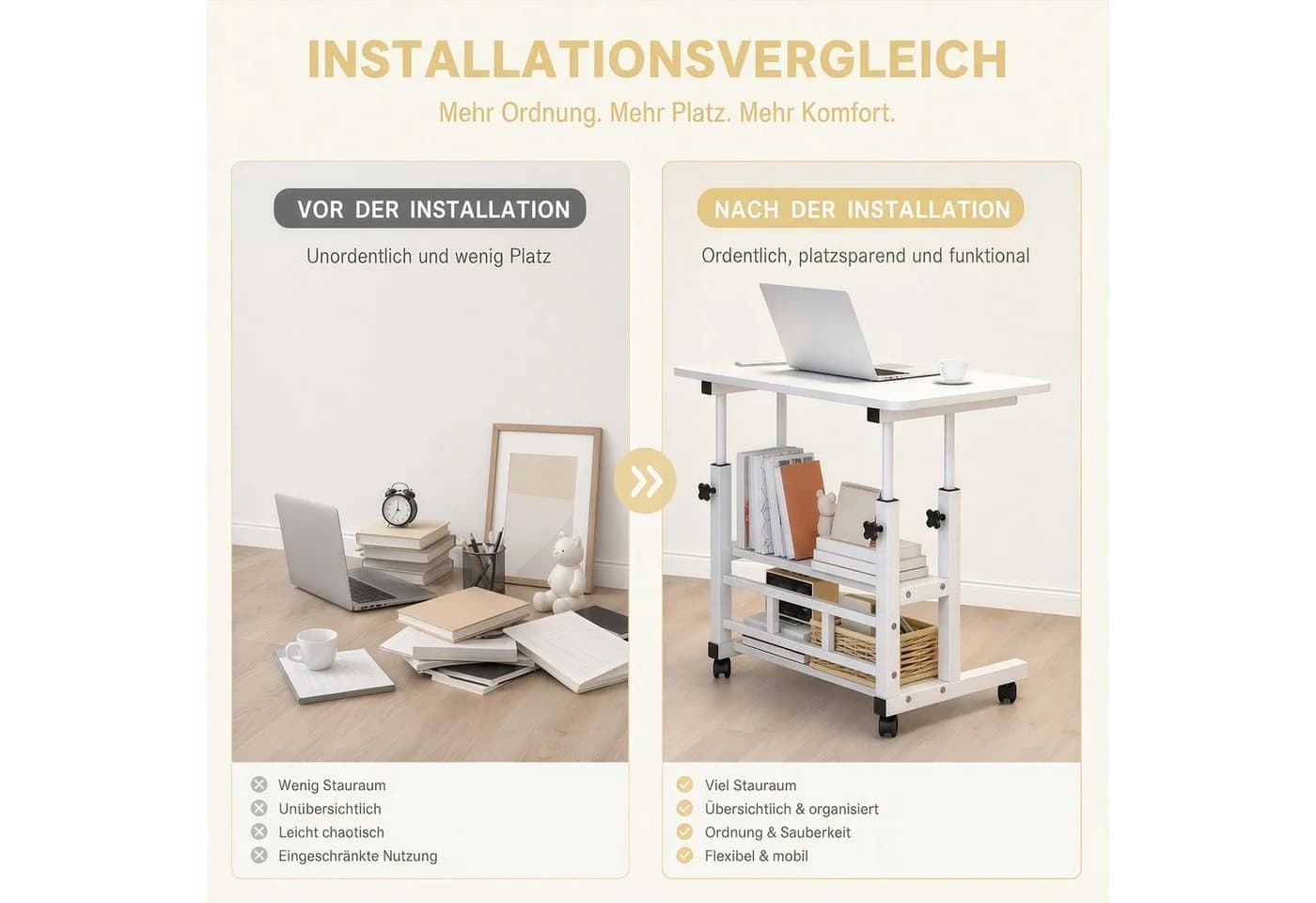 PFCTART Höhenverstellbarer Beistelltisch mit Rollen & 3 Ablagen - Bild 3