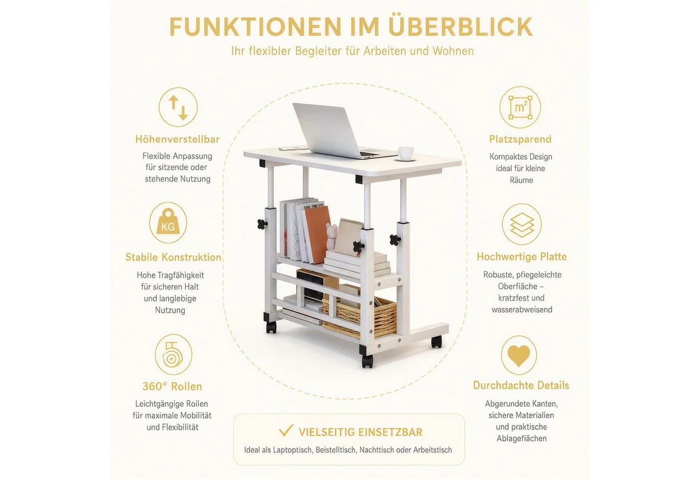 PFCTART Höhenverstellbarer Beistelltisch mit Rollen & 3 Ablagen - Bild 4