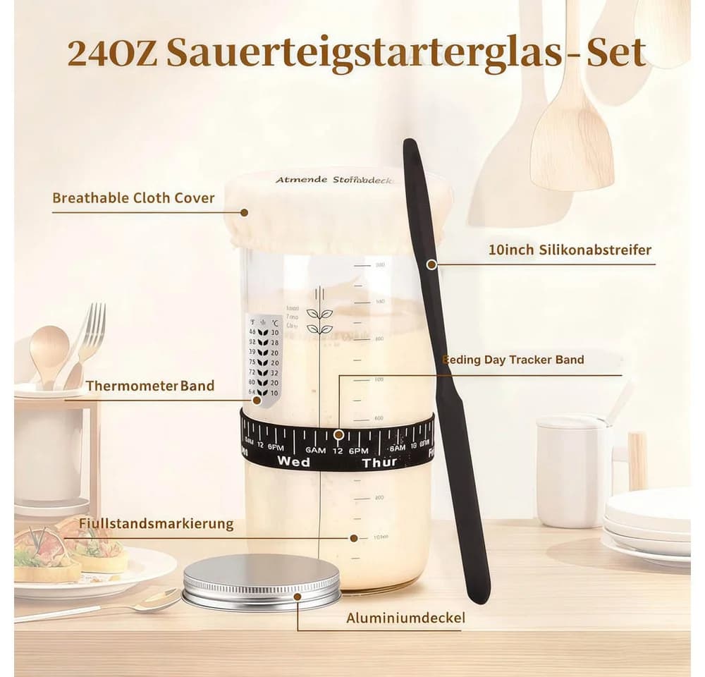 PFCTART Gärkorb Brotbackset 10-tlg. Handgeflochten mit Starterglas - Bild 3