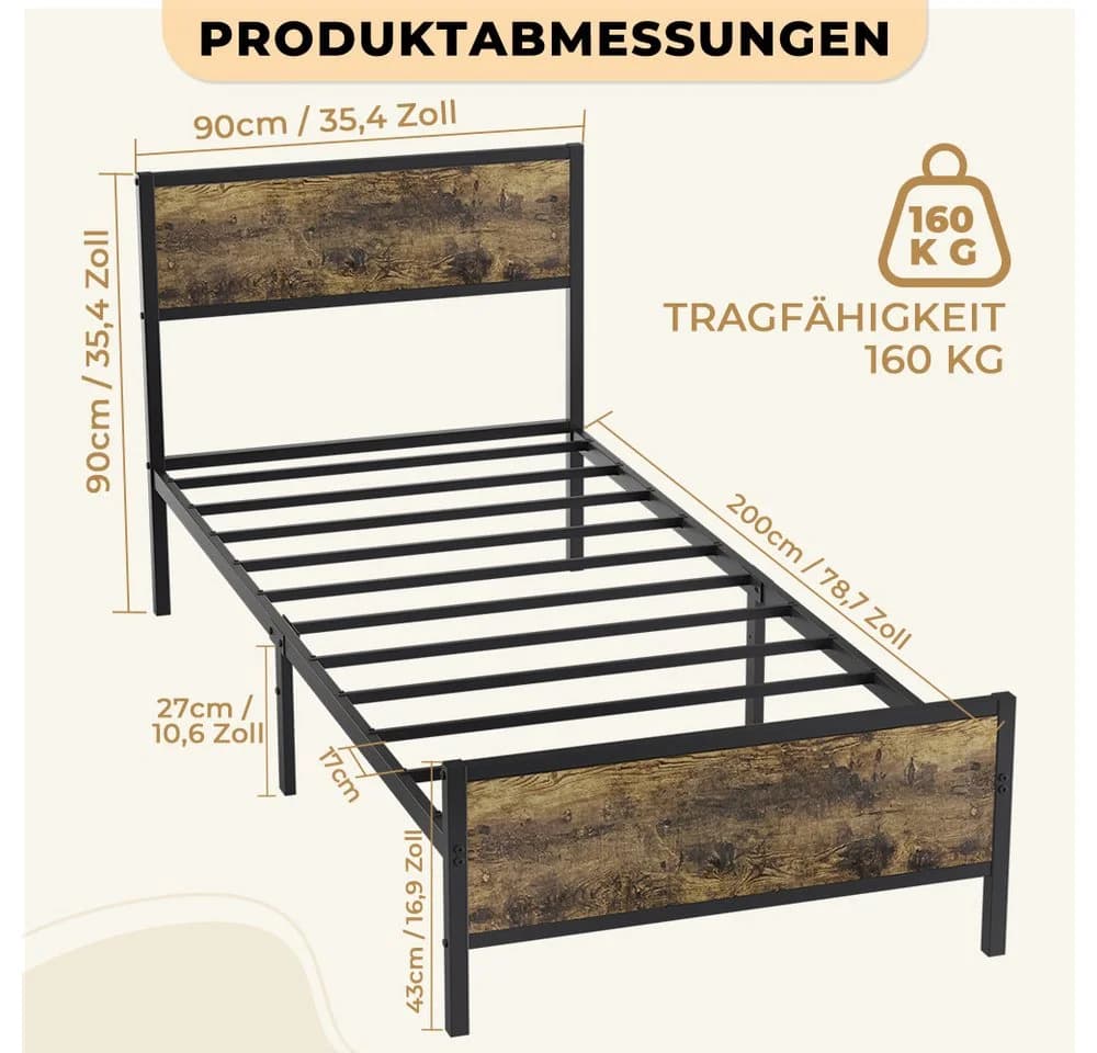 PFCTART Metallbett 90x200 cm Vintage Stahl MDF Holzoptik