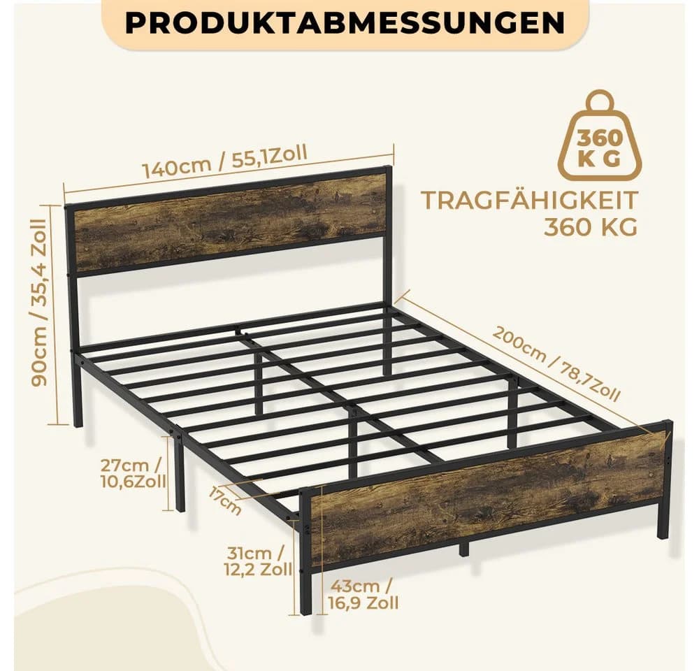 PFCTART Metallbett 140x200 Vintage Stahlrahmen Schwarz